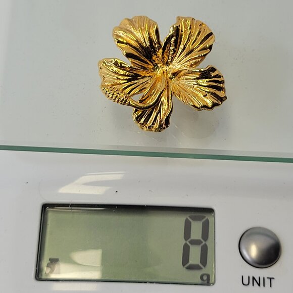 Gold Plated Hibiscus Brooch Medium Size Pin - Picture 4 of 5